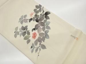 作家物　手描き花葉模様開き名古屋帯（額縁仕立て）